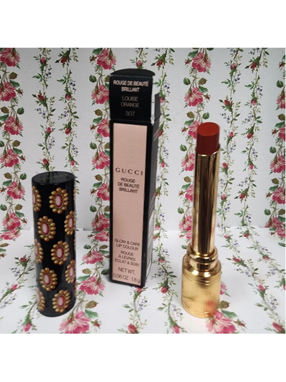 Gucci Rouge de Beaute Brilliant Lipstick in shade 307 Louise Orange #luxury #lip